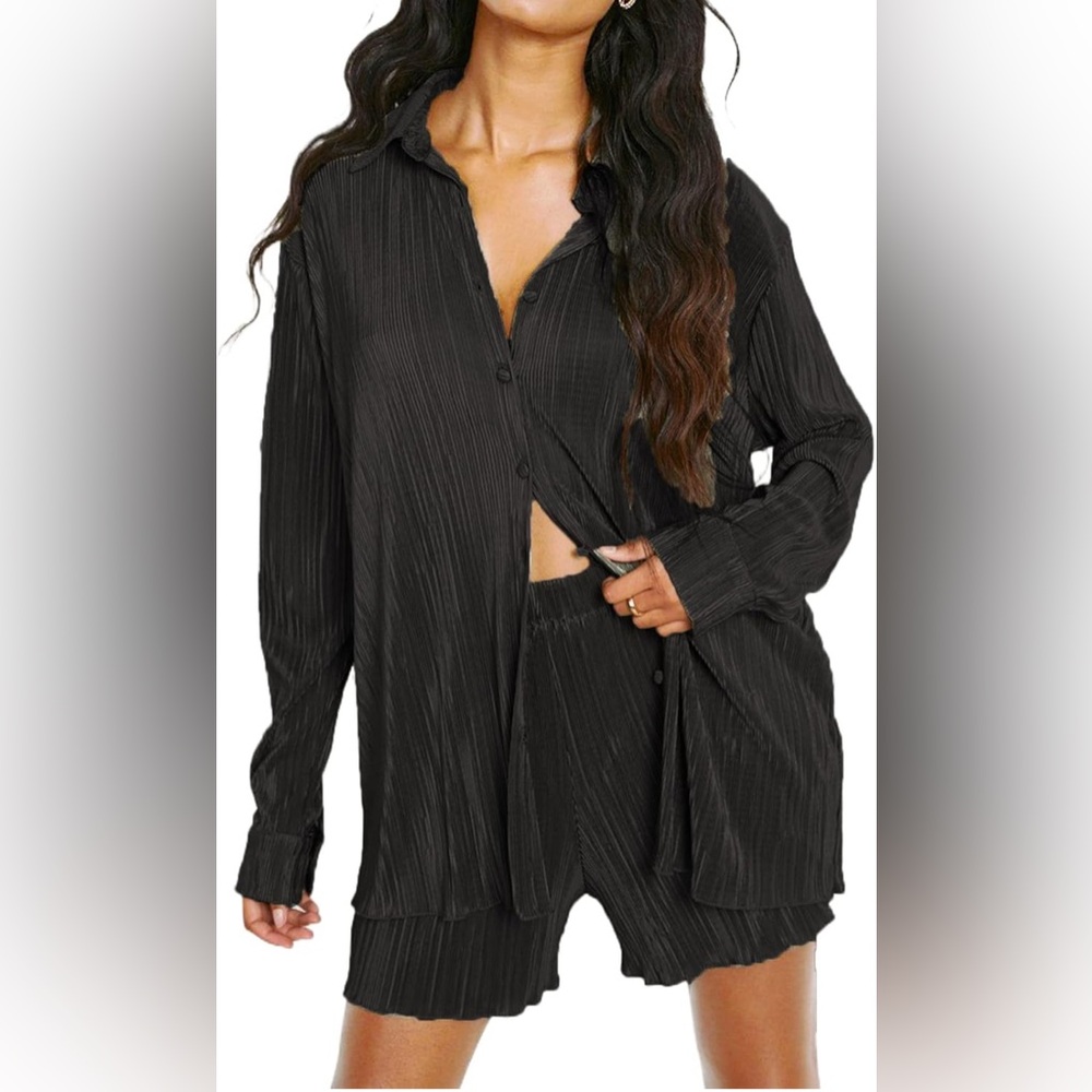 2 Piece Pants Set Oversized Button Down Shirt High Waist Pants in Black